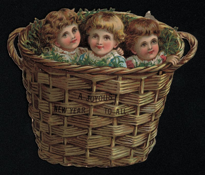 Tre barn i en korg, hälsningskort för nyår. (chromolitho) av English School