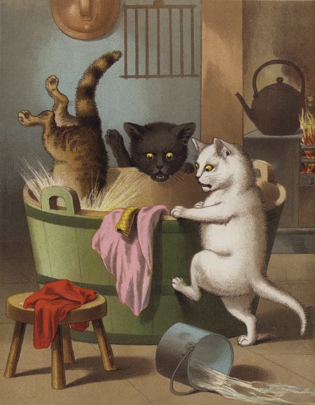 Tre små kattungar som leker med ett tvättkar (chromolitho) av English School