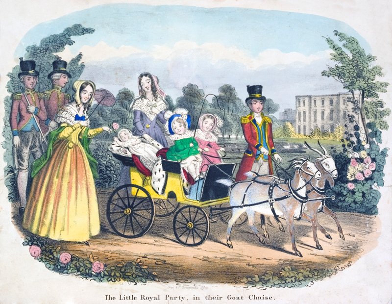 Tre av drottning Victorias barn åker i vagn dragna av getter (färg litho) av English School