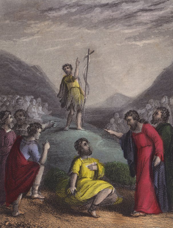 Genom Judas bördiga vildmark kom baptisten ... (färgad gravyr) av English School