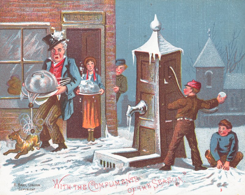 Kasta snöbollar på bagaren, julkort av English School