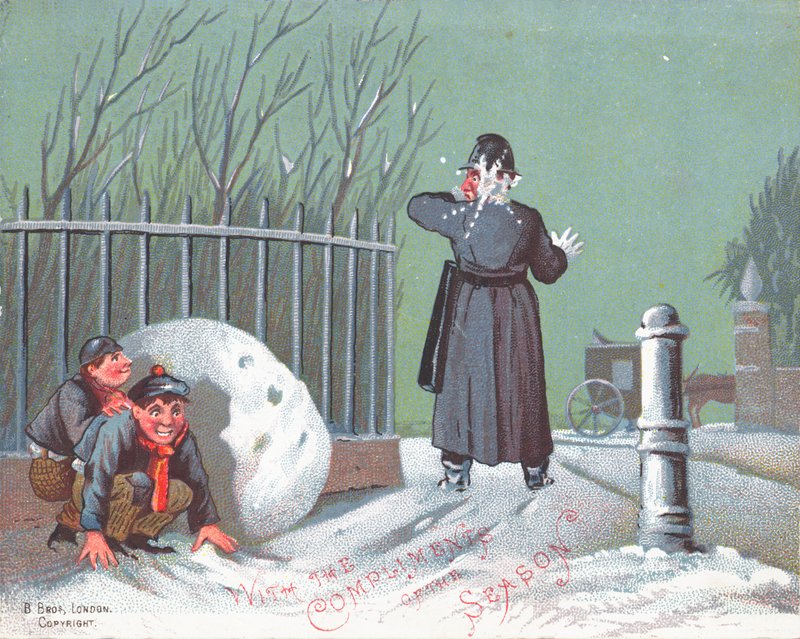 Kasta snöbollar på en polis, julkort av English School