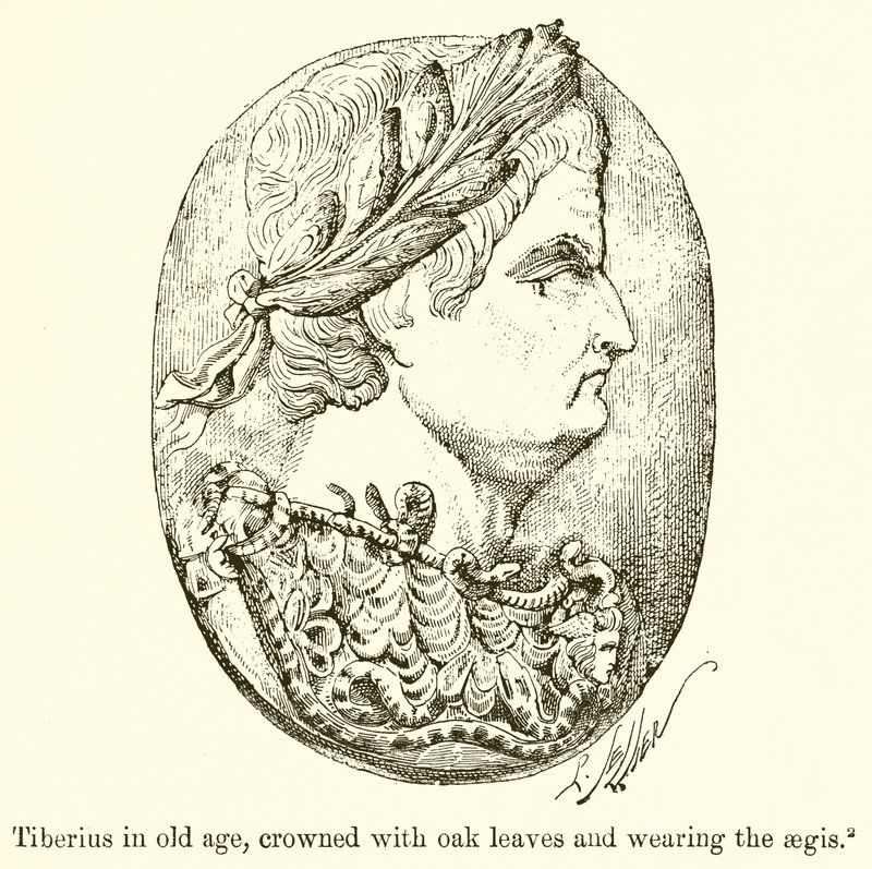 Tiberius i ålderdom, krönt med eklöv och iklädd Aegis av English School