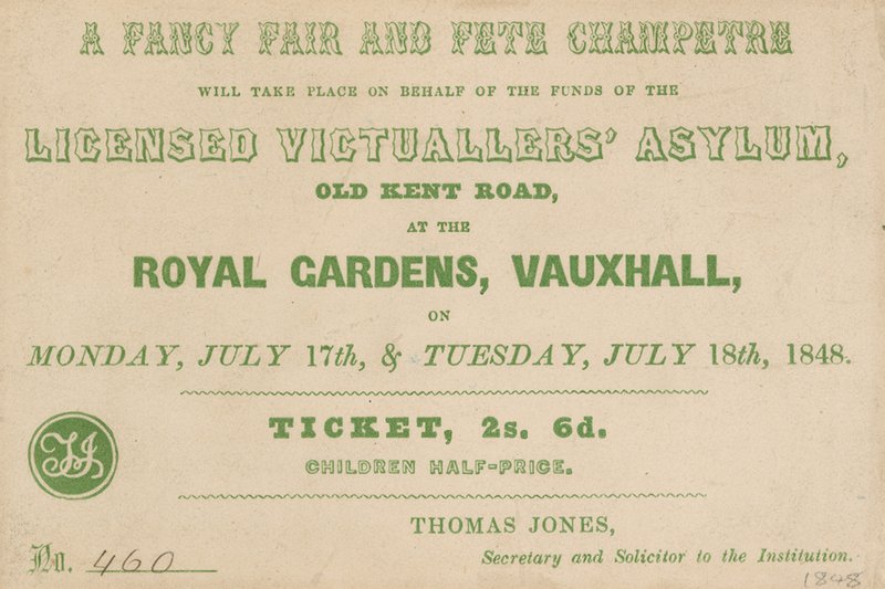 Biljett till A Fancy Fair and Fete Champetre på Royal Gardens, Vauxhall, London av English School