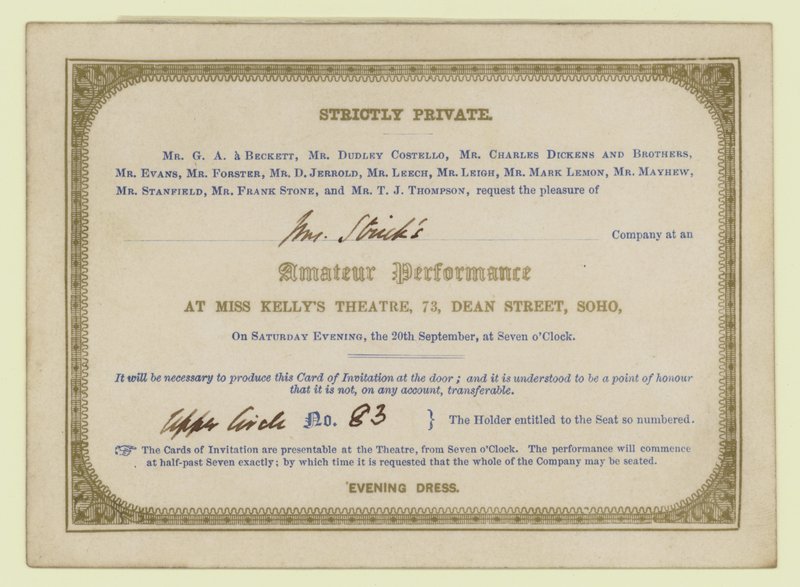 Biljett till Charles Dickens amatördramatiska föreställning, 1845 av English School