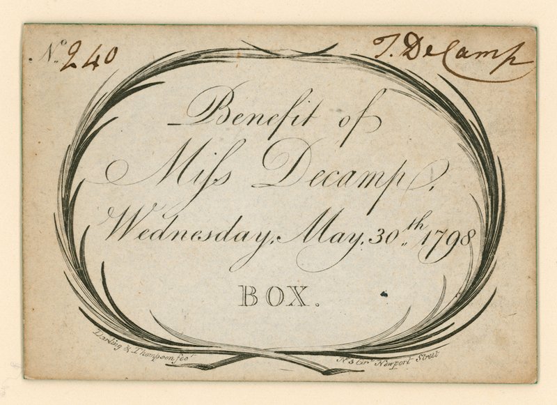 Biljett till Drury Lane Theatre, London: Benefit of Miss Decamp, 30 maj 1798 av English School