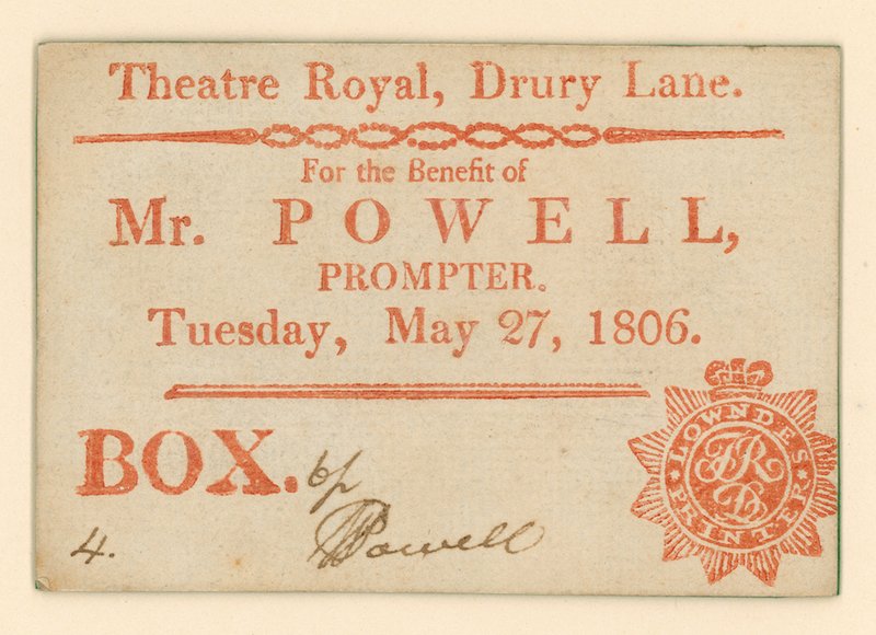 Biljett till Drury Lane Theatre, London: For the Benefit of Mr Powell, prompter, 27 maj 1806 av English School