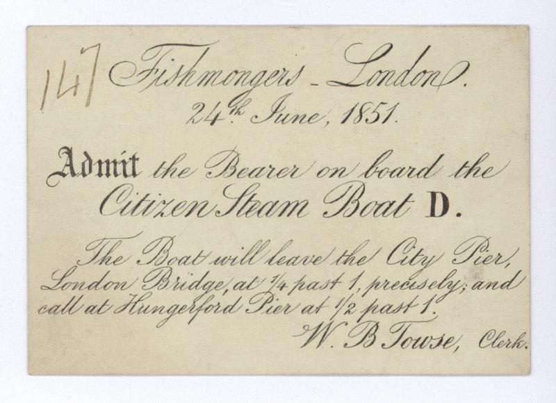 Biljett för fiskhandlare i London att ta en båttur på Citizen Steam Boat, 24 juni 1851 av English School