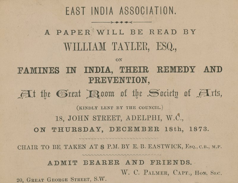 Biljett till en föreläsning av William Tayler från East India Association av English School