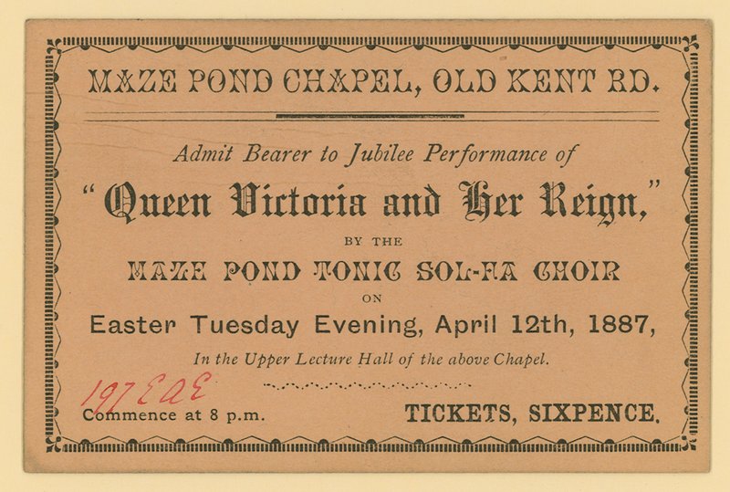 Biljett till en föreställning av Queen Victoria and Her Reign av English School
