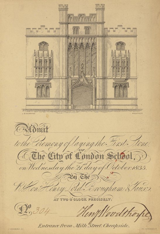 Biljett till nedläggningen av den första stenen i City of London School, 21 oktober 1835 av English School