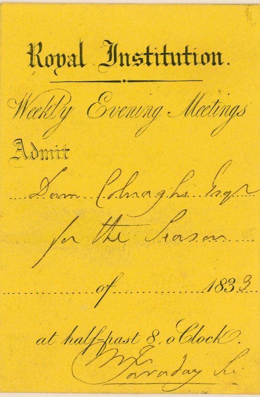 Entrébiljett till Royal Institution, Albemarle Street, London, till en föreläsning av Michael Faraday av English School