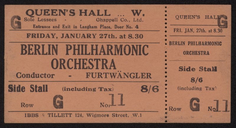 Biljett till en konsert av Berlin Philharmonic Orchestra, Queens Hall, London fredagen den 27 januari 1928 av English School
