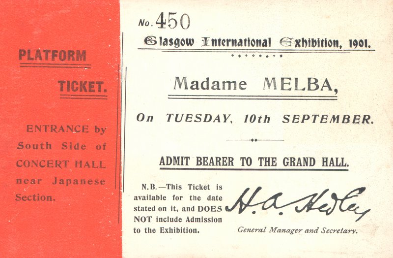 Biljett för att höra Nellie Melba på Glasgow International Exhibition, 1901 (tryckt) av English School