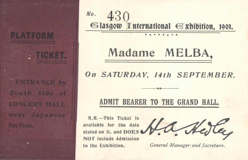 Biljett för att höra Nellie Melba på Glasgow International Exhibition, 1901 (tryckt) av English School