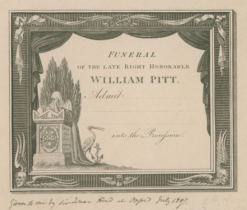 Biljett till den bortgångne William Pitts begravning av English School