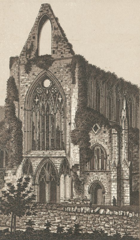 Tintern Abbey, västra fronten (litho) av English School