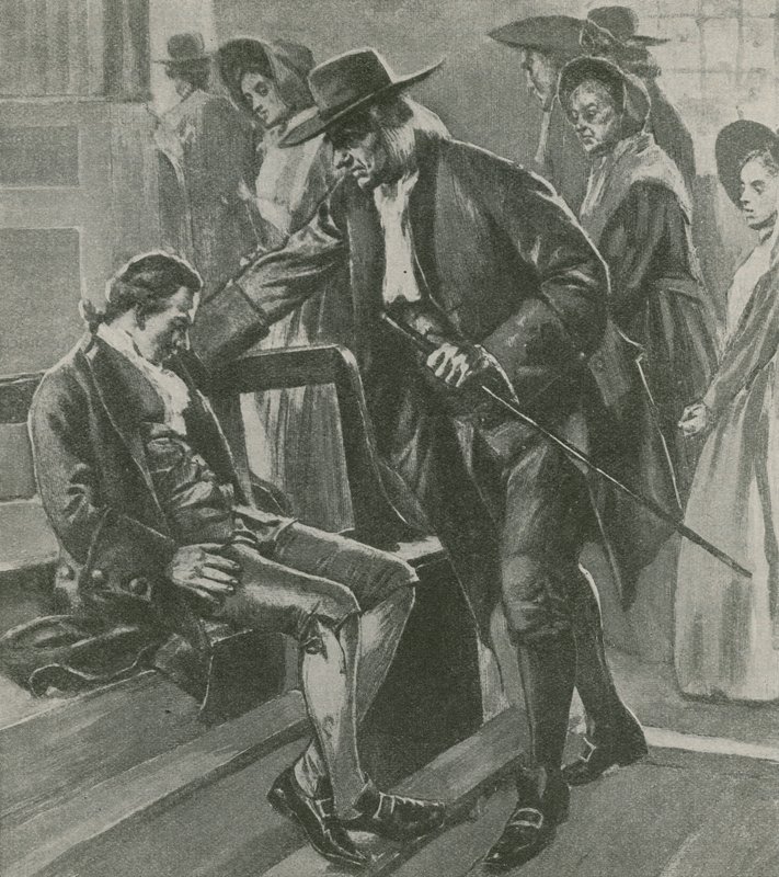 Trött och hungrig somnar Benjamin Franklin i ett möteshus för Quaker av English School