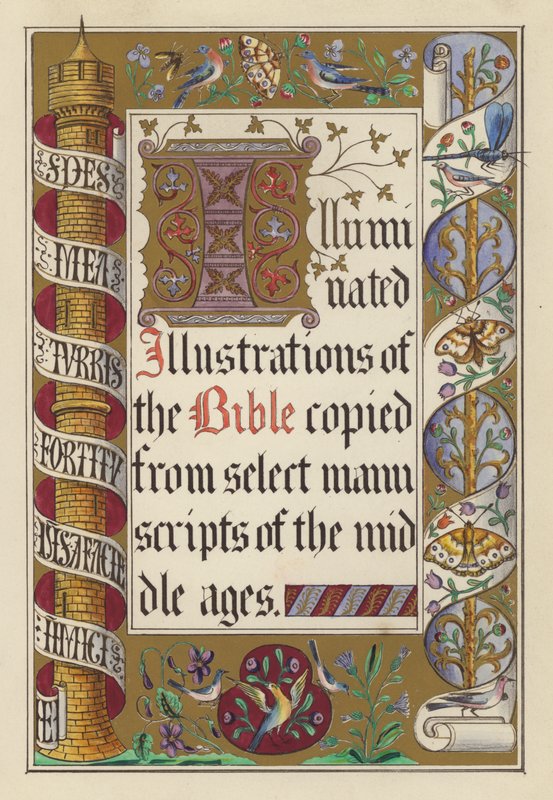 Titelsidesillustration för Illuminated Illustrations of the Bible (lito i färg) av English School