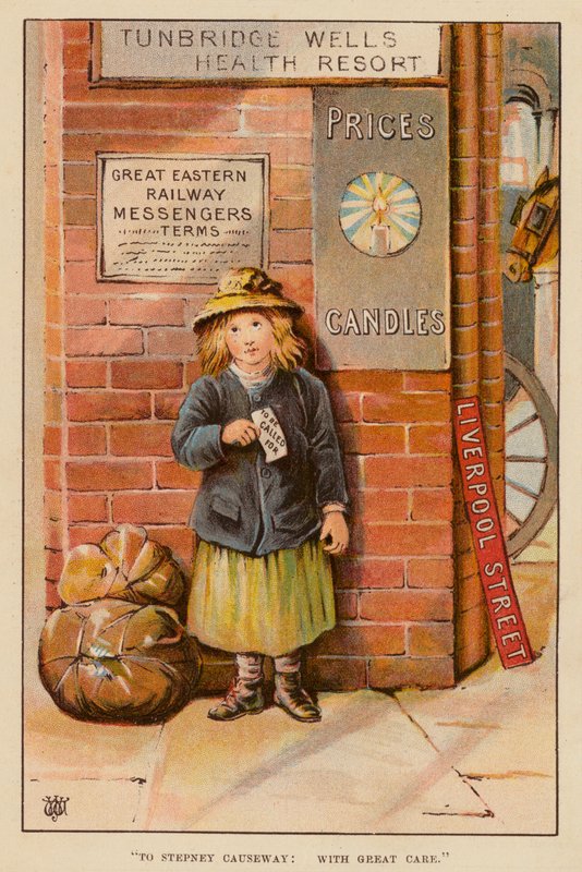 "Till Stepney Causeway, med stor omsorg" (litho i färg) av English School