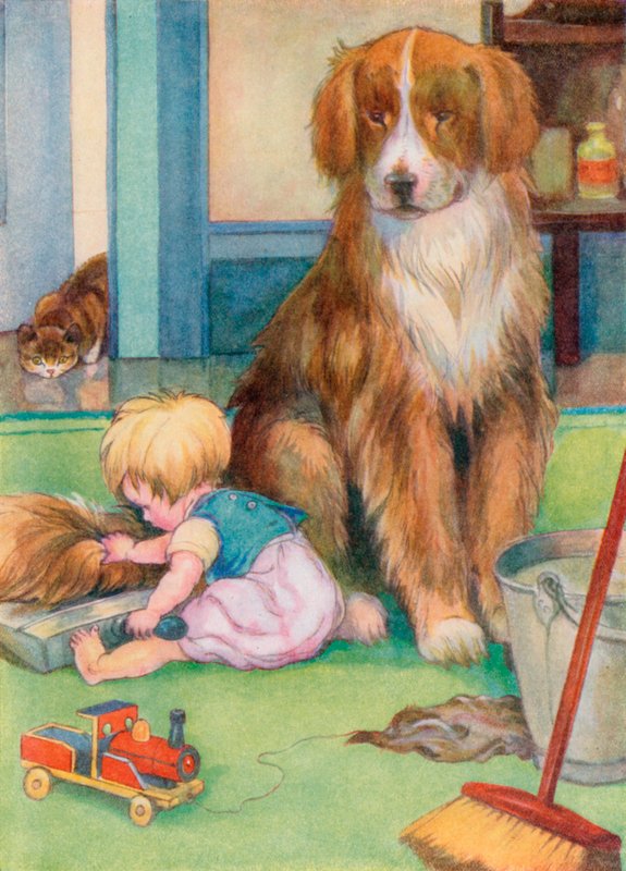Småbarn som leker med en hunds svans (färg litho) av English School