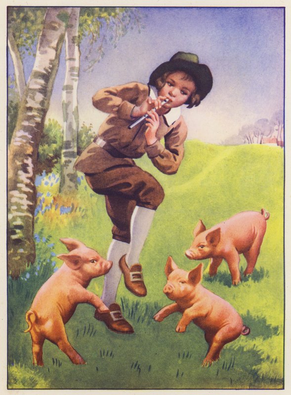 Tom, Tom, Råttfångarens son och de tre små grisarna (färglitografi) av English School