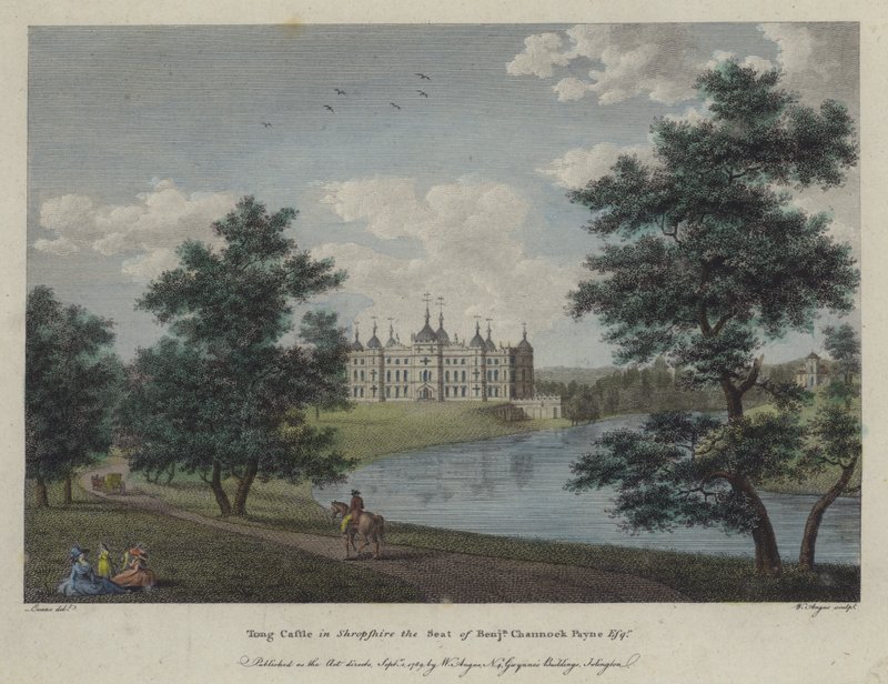 Tong Castle, Shropshire, säte för Benjamin Channock Payne (färgad gravyr) av English School