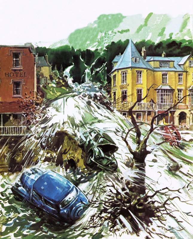 Torrent av terror i Lynmouth, Devon, augusti 1952 av English School