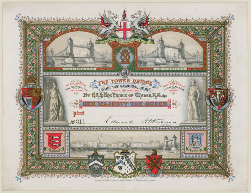 Tower Bridge, London, inbjudan till nedläggning av minnesstenen, 21 juni 1886 av English School