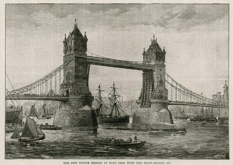 Tower Bridge vid högvatten, med vindbron upp av English School