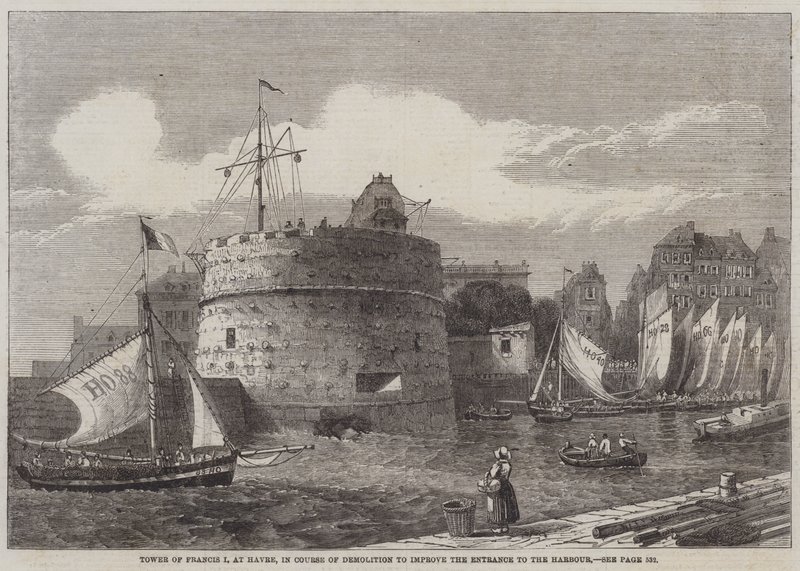 Francis I:s torn i Havre, under rivning för att förbättra ingången till hamnen (gravyr) av English School