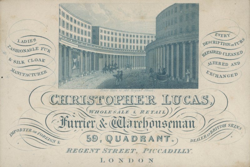 Handelskortsreklam Christopher Lucas, grossist och detaljhandel buntmästare och lagerman, 59, Quadrant, Regent Street, Piccadilly, London (gravyr) av English School