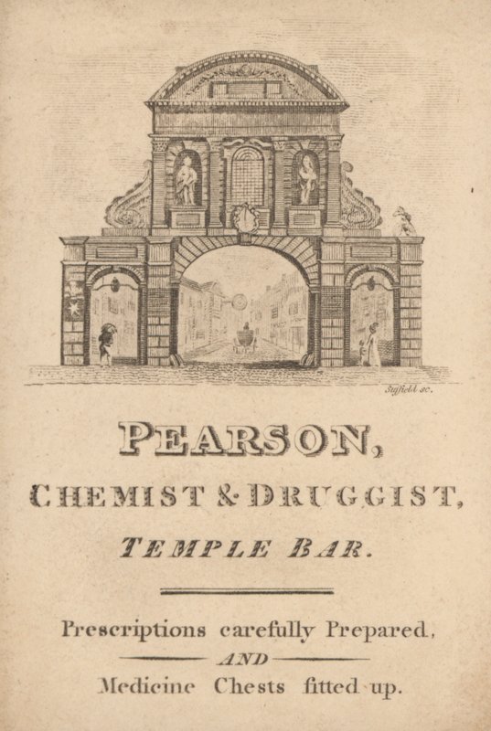 Handelskort för Pearson, kemist och drogist, Temple Bar, London (gravyr) av English School