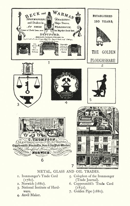 Handelstecken: Metall-, glas- och oljehandel (litho) av English School