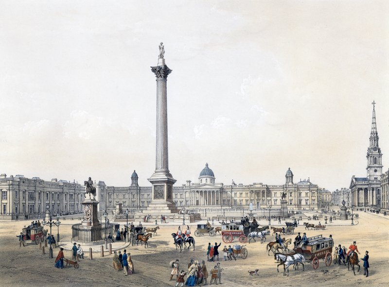 Trafalgar Square med National Gallery och St Martins Church av English School