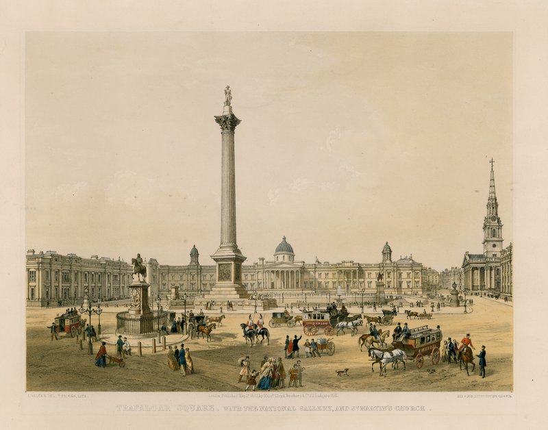 Trafalgar Square med National Gallery och St Martins Church av English School
