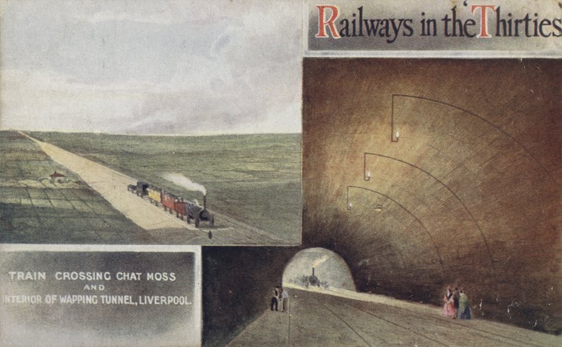 Tåg korsar Chat Moss och Interior of Wapping Tunnel, Liverpool av English School