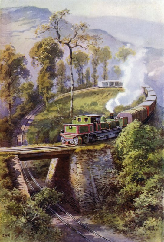 Tåg som rundar Agony Point, en slinga på Darjeeling Himalayan Railway, Indien (färg litho) av English School