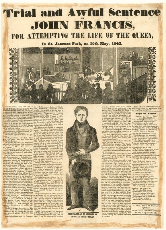 Rättegång och fruktansvärd dom mot John Francis för försök till drottningens liv, den 30 maj 1842 av English School