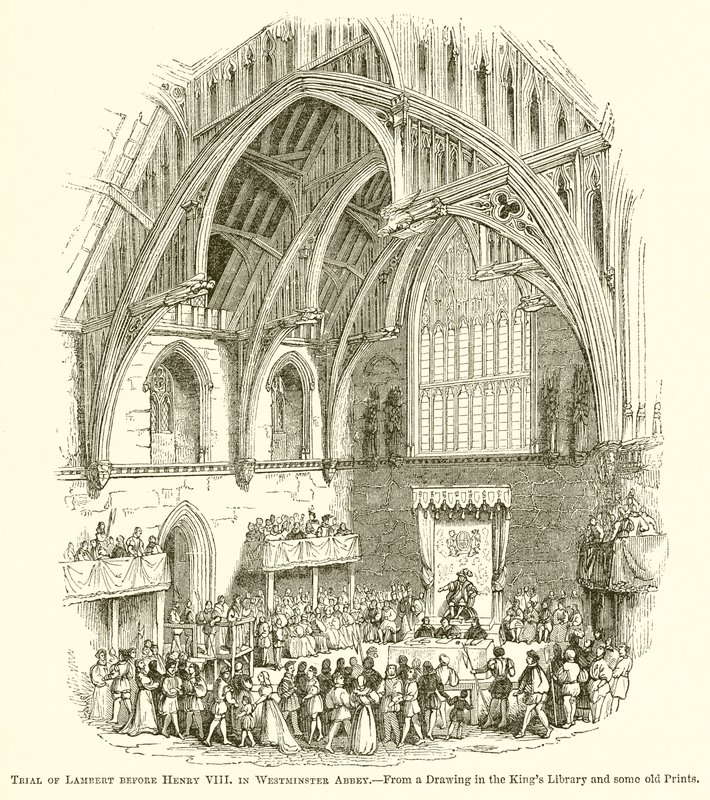 Rättegång mot Lambert inför Henry VIII i Westminster Abbey av English School