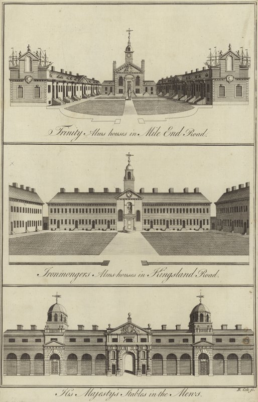 Trinity Almshouses i Mile End Road, Ironmongers Almshouses i Kingsland Road och His Majestys Stables in the Mews, London av English School