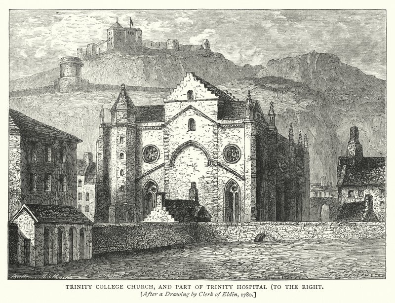 Trinity College Church, och en del av Trinity Hospital, till höger (gravyr) av English School