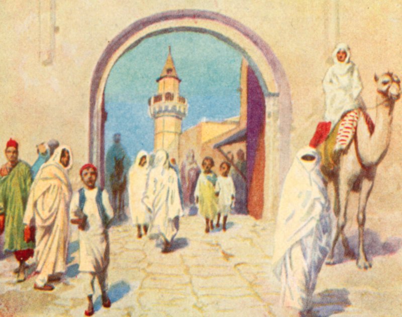 Tripoli, stadsporten (färglitografi) av English School