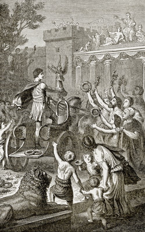 Triumfåterkomst av en olympisk segrare, illustration från The Illustrated History of the World publicerad av Ward Lock, ca 1880 av English School
