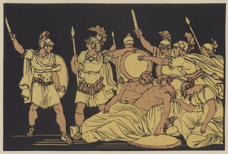 Turnus över Almo och Galaesus kroppar (färg litho) av English School