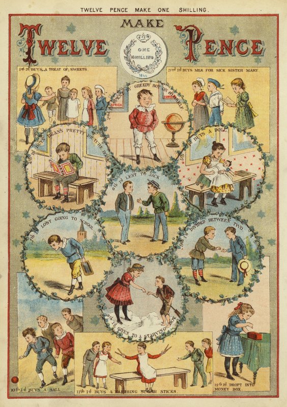 Tolv pence gör en shilling (chromolitho) av English School