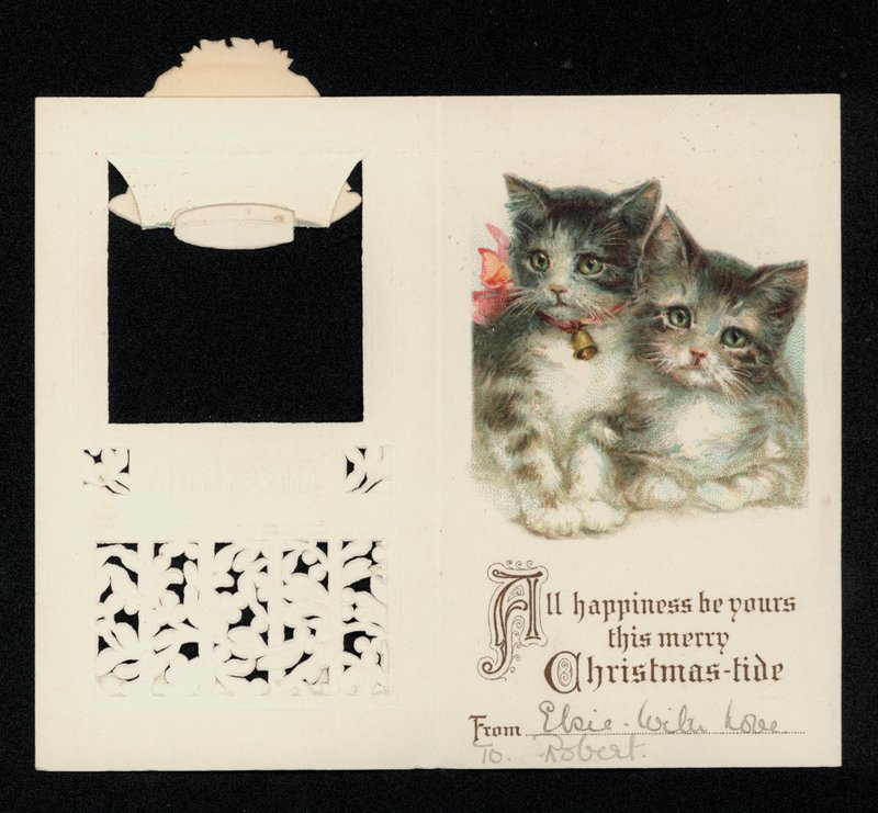 Två kattungar, julhälsningskort. (chromolitho) av English School