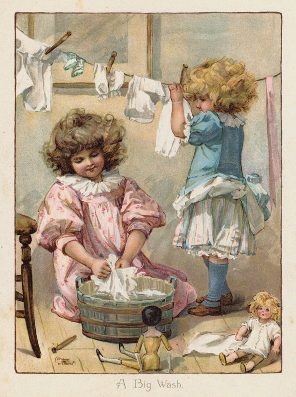 Två små flickor som tvättar sina dockkläder (chromolitho) av English School