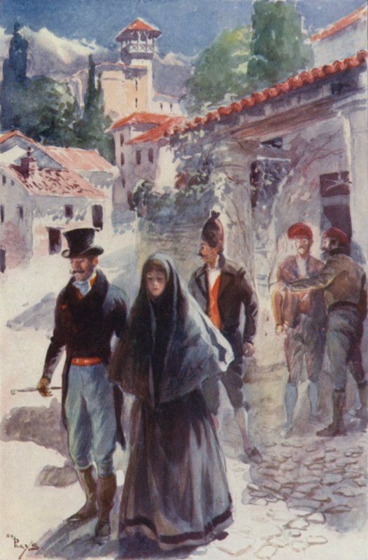 Två eller tre unga män eskorterade Orso och hans syster till dörren (färg litho) av English School