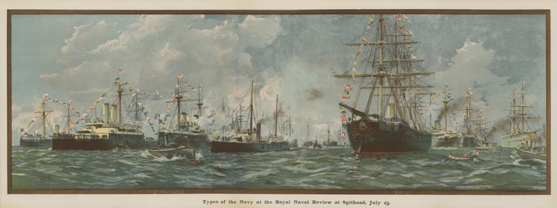 Typer av flottan vid Royal Naval Review i Spithead den 23 juli (kromolit) av English School